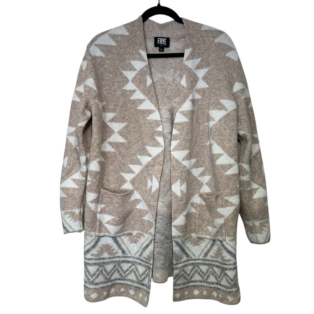 Frye Women’s L Tan The Cozy Jacquard Print Open Front Cozy Luxe Cardigan